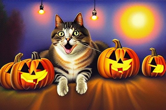 Smiling Cat in Pumpkin Patch: Hyperrealistic Oil Painting