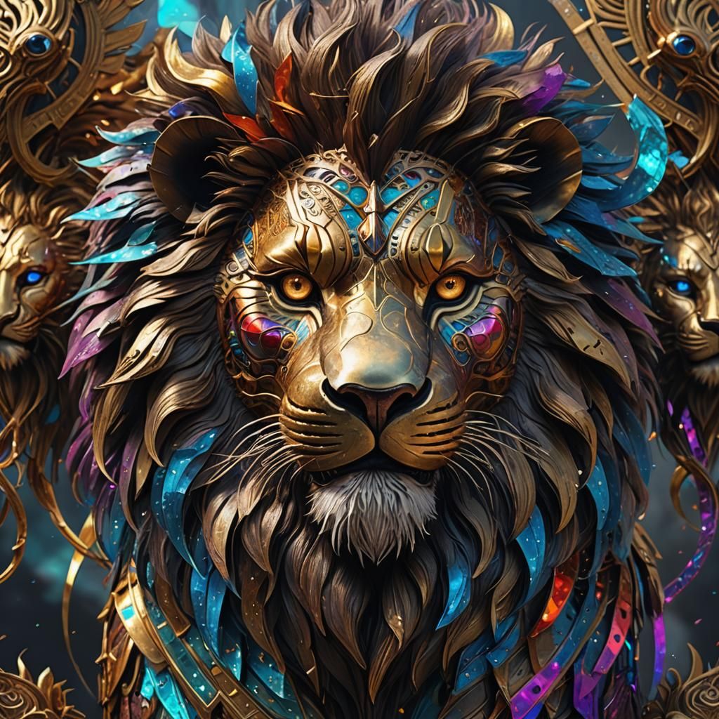 Holographic Lion Mask in Detailed Digital Painting