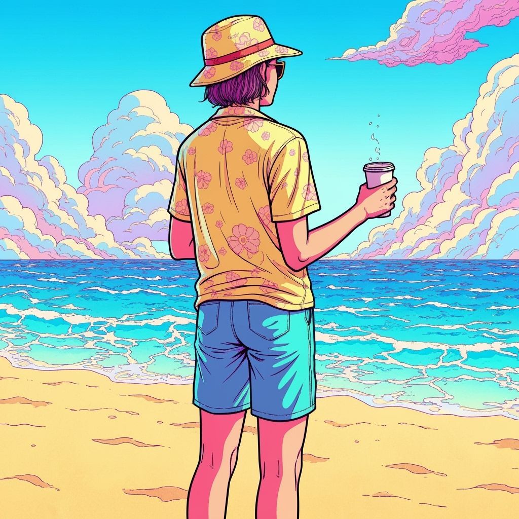 Stylized Beach Illustration in Pop Surrealist Style