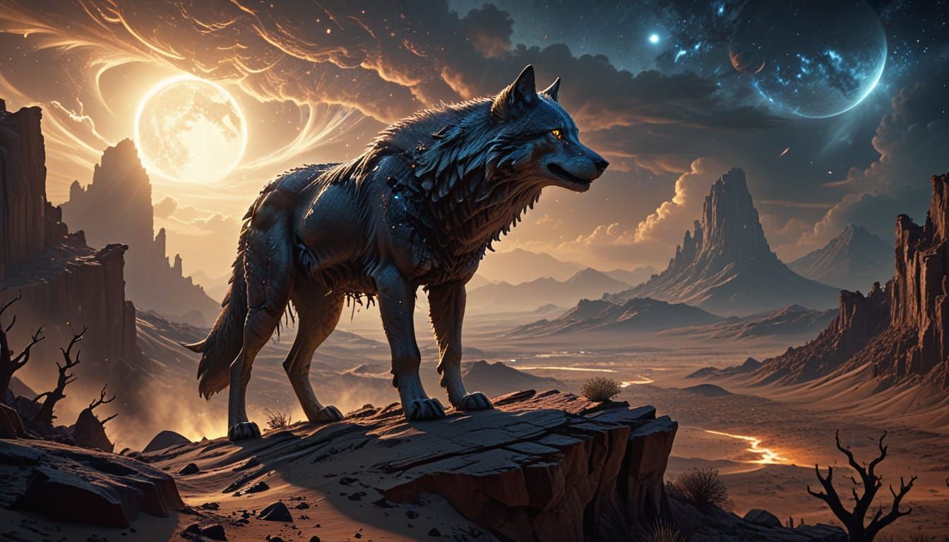 Lone Wolf on Alien Precipice Under Celestial Sky