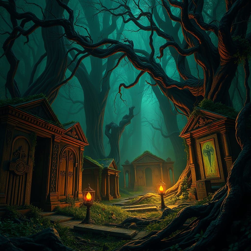 Abandoned Cemetery in Emerald Gloom with Ancient Sorceress