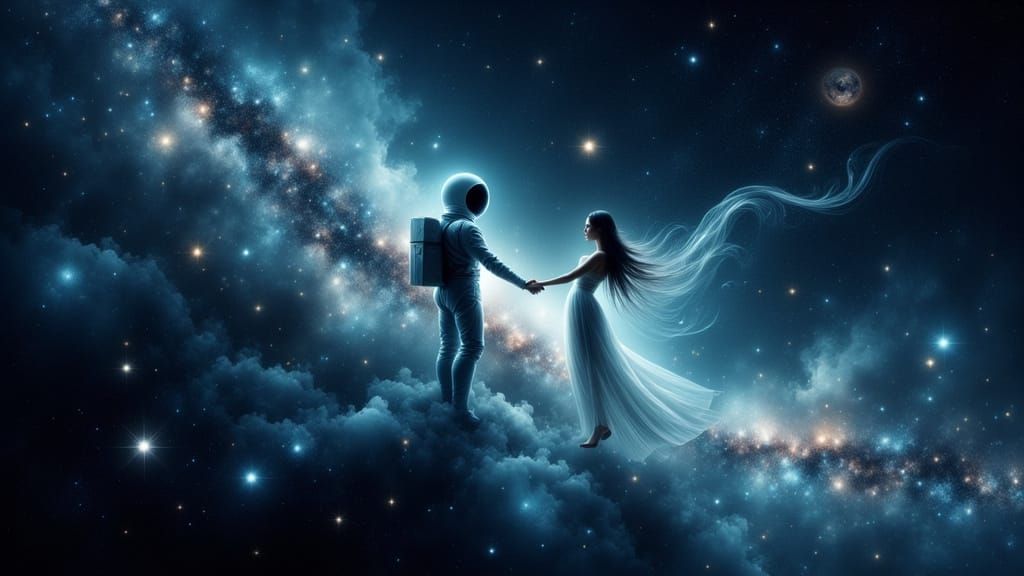 Ethereal Figures Embrace in Star-Dusted Infinite Space