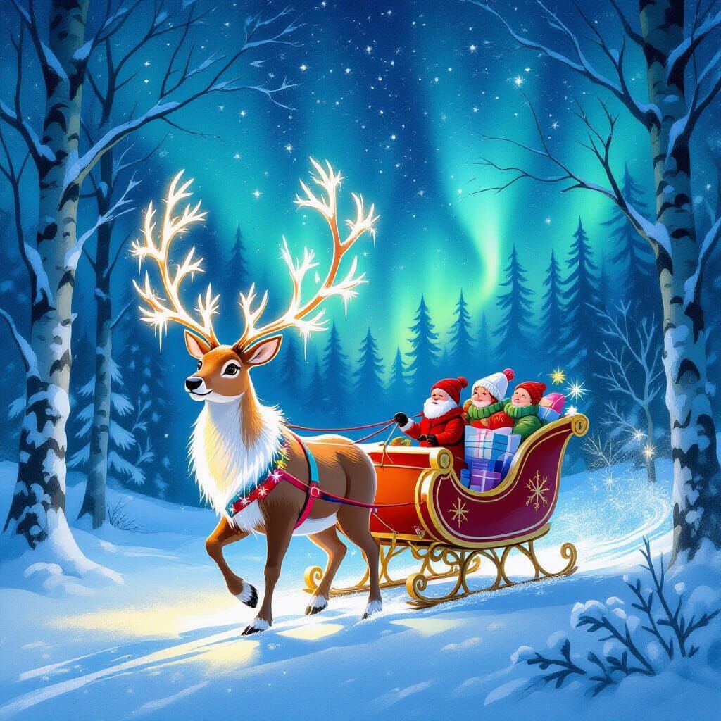 Whimsical Reindeer Pulling Starlight Sleigh in Enchanted For...