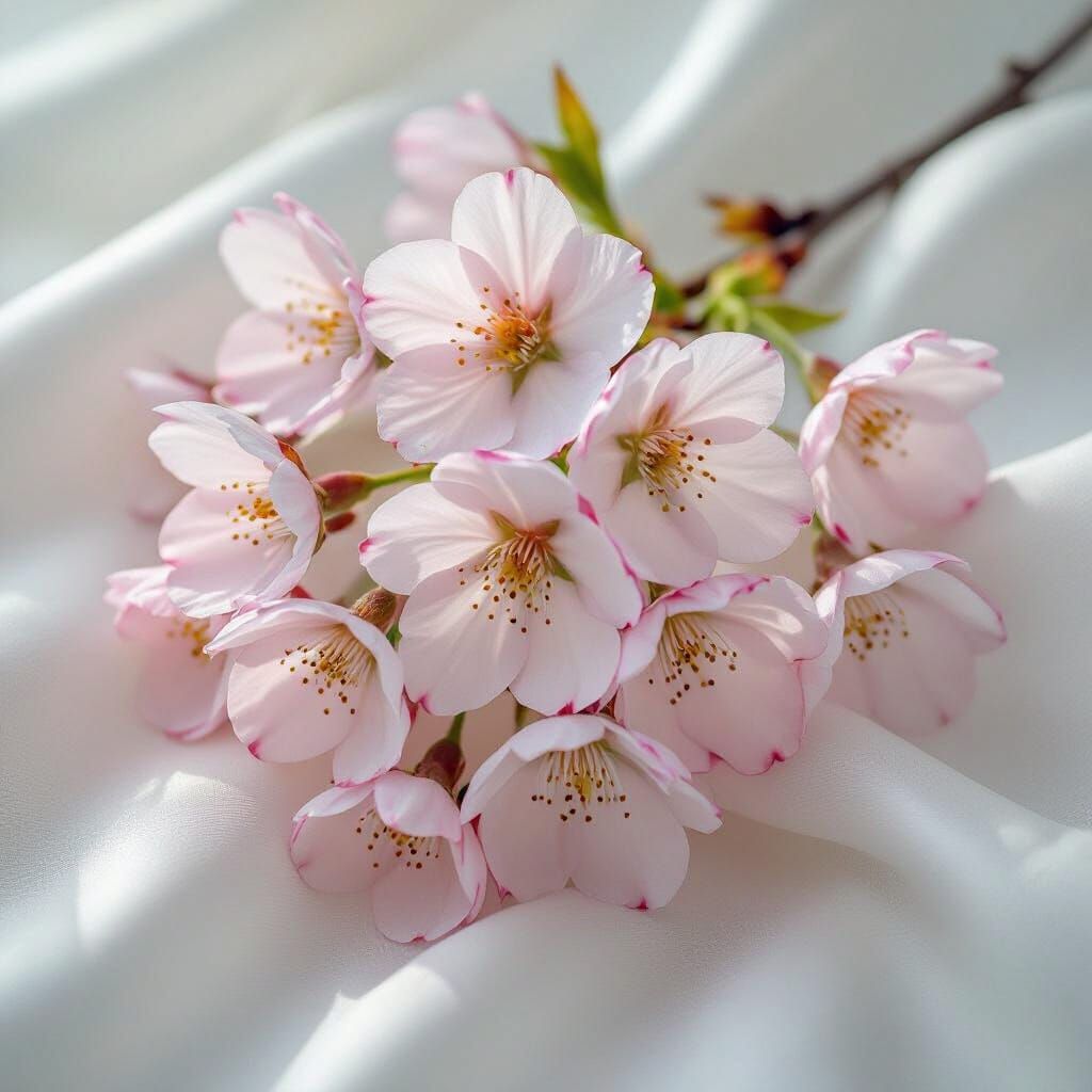Hyperrealistic Cherry Blossoms on Silk in Botanical Style