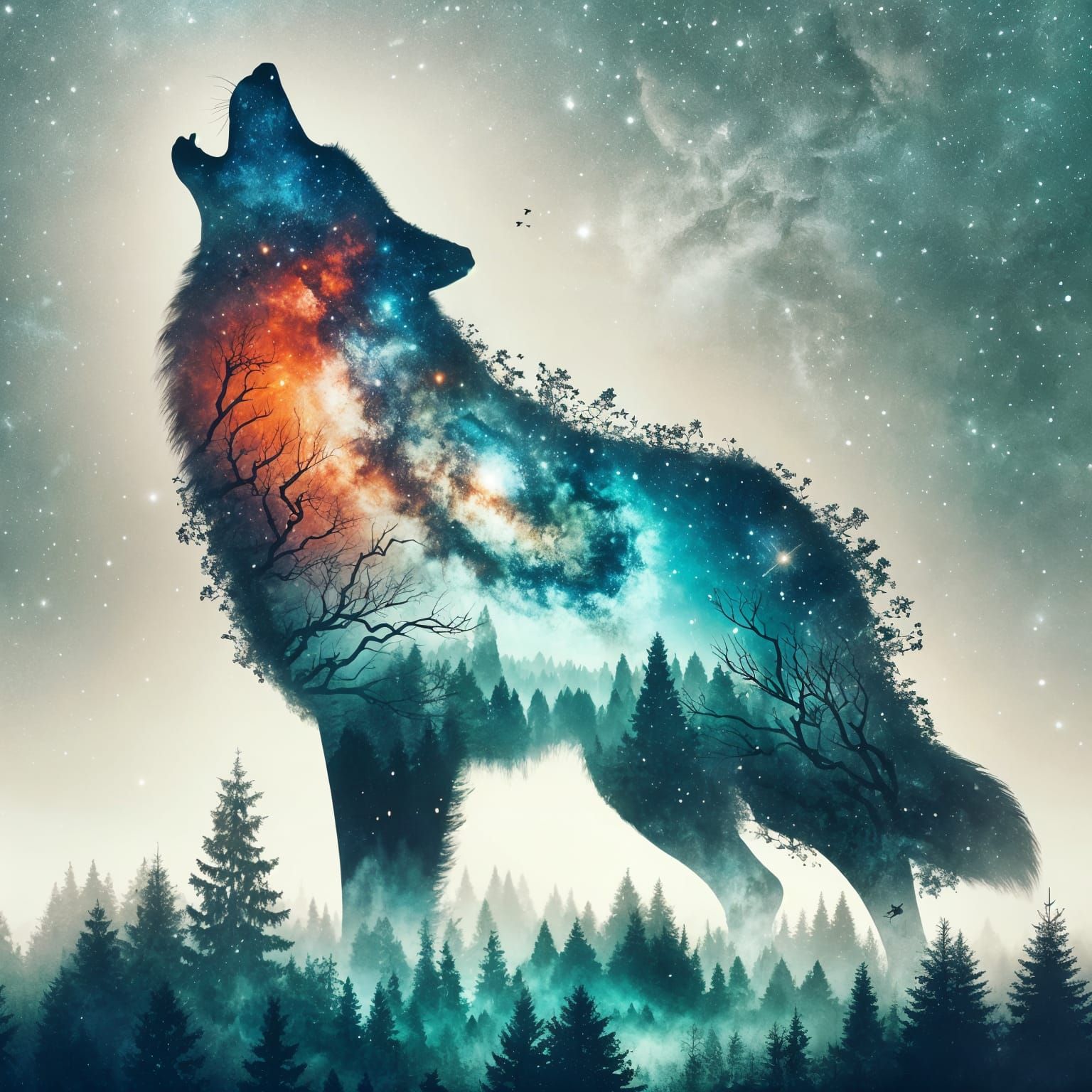 Cosmic Wolf Howling in a Misty Forest