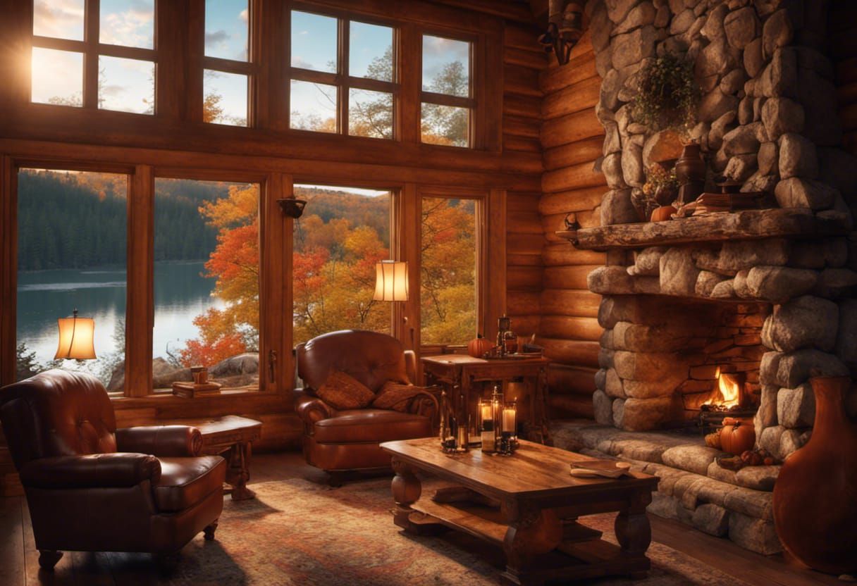 Cozy Lakeside Cabin Interior at Magic Hour