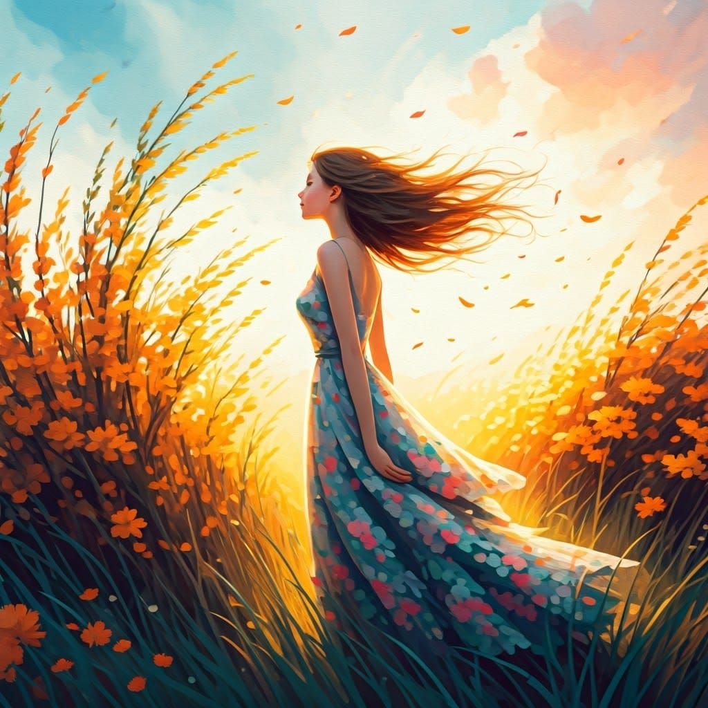 Ethereal Woman in Windswept Field: Watercolor Illustration