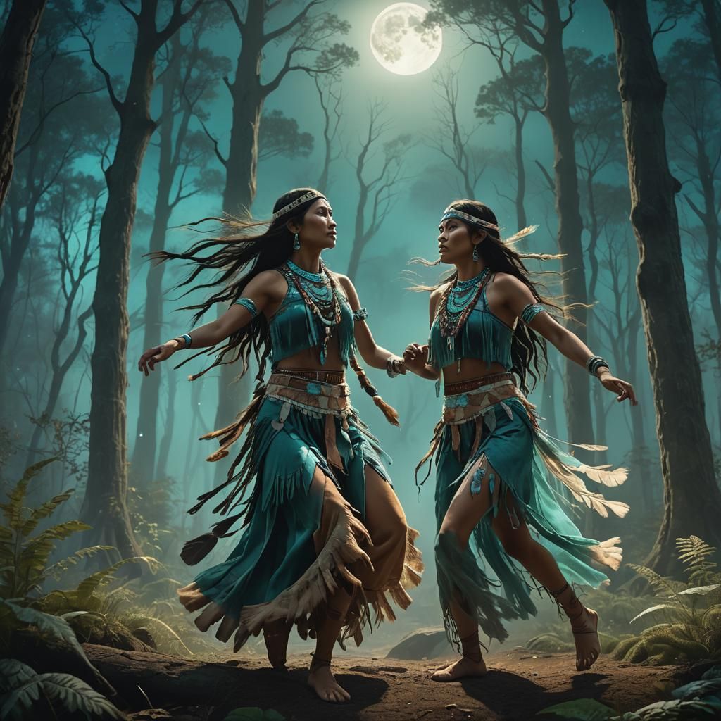 Native American Women Dancing in Mystical Forest