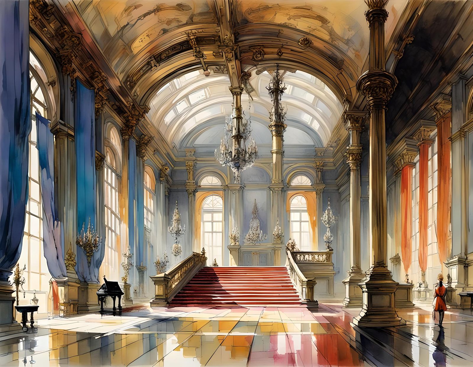 French Palace Great Hall Watercolor Painting