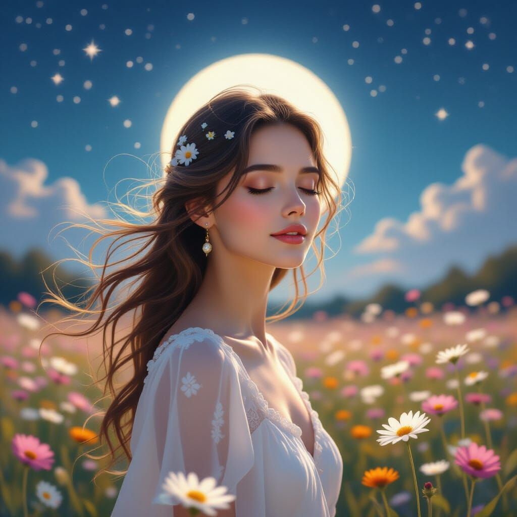 Ethereal Woman in Flower Field Under Starry Sky