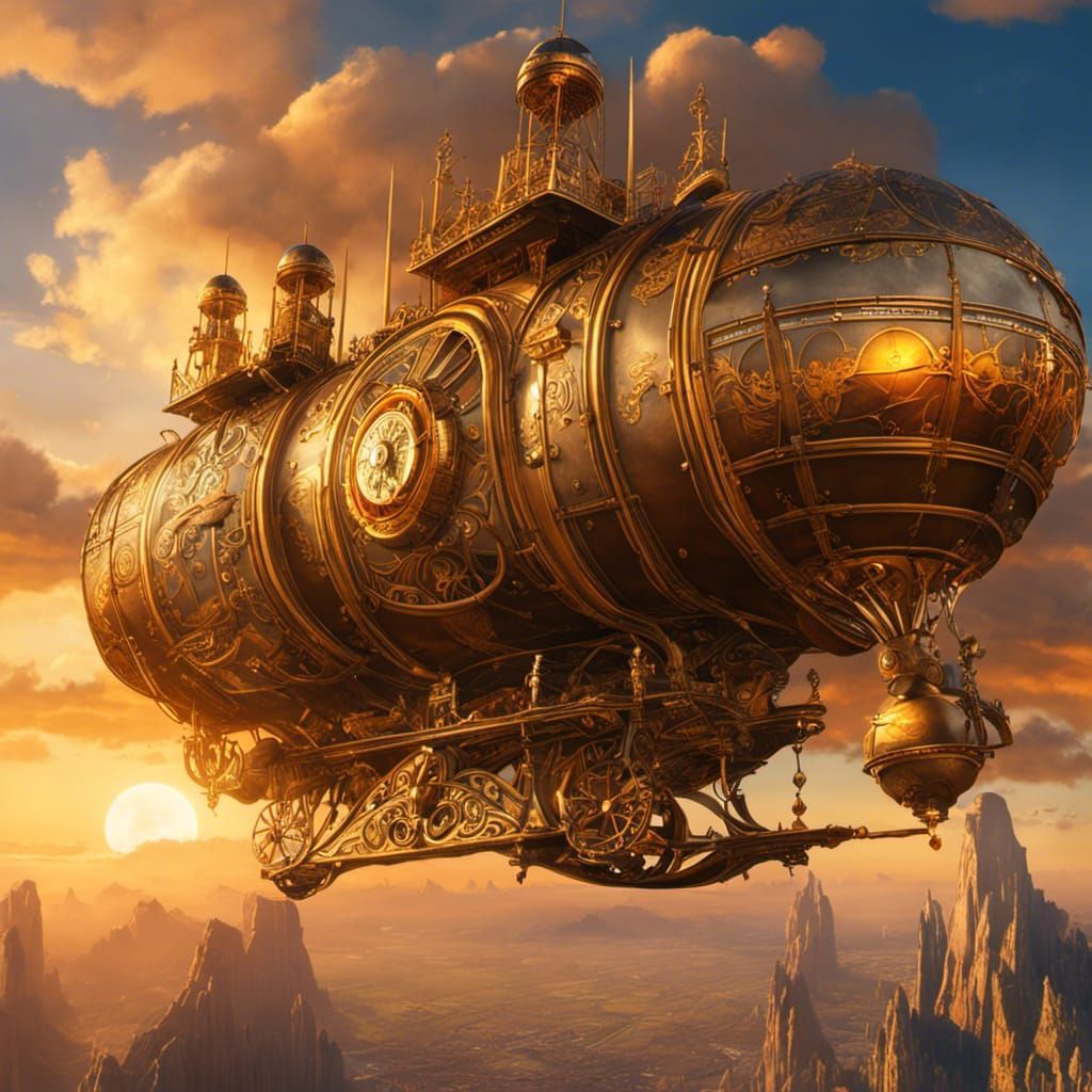 Steampunk Airship Matte Painting in Art Nouveau Style