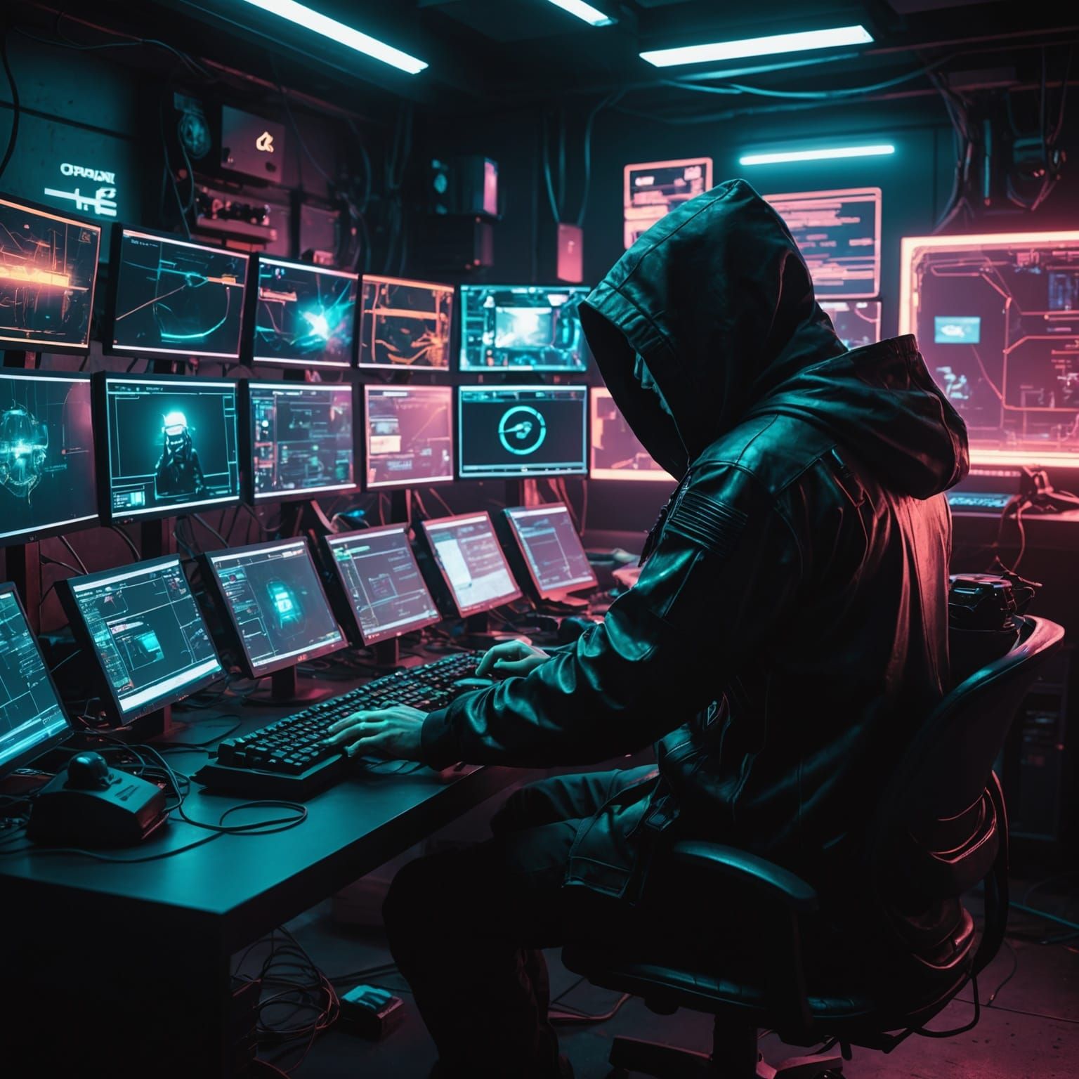 Cyberpunk Hacker's Neon-Lit Workspace