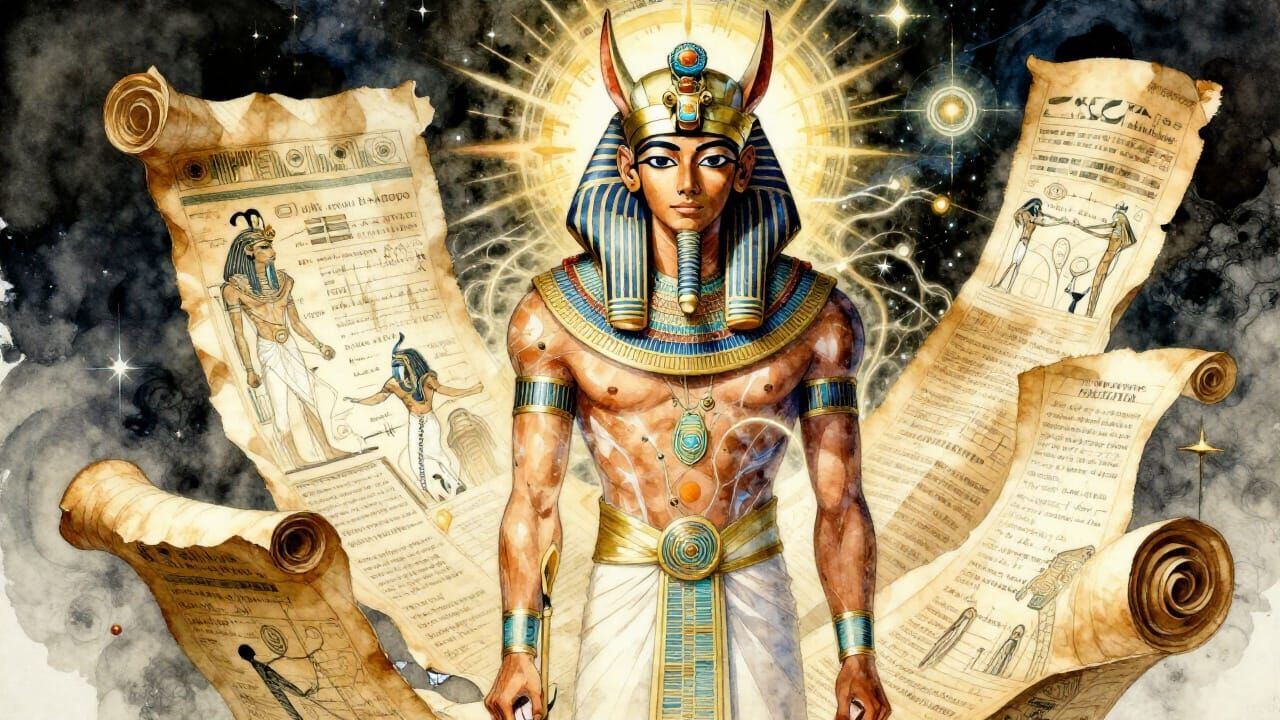 Metaphysical Egyptian Figure Emerges from Scrolls
