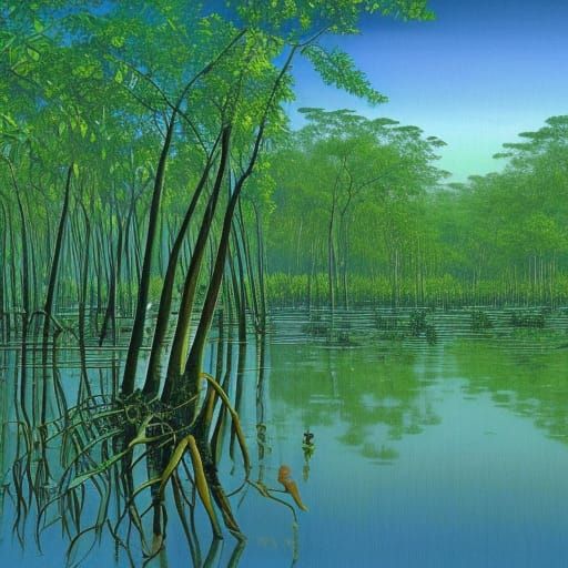 Indonesian Mangrove Swamp Landscape in Oil Painting Style