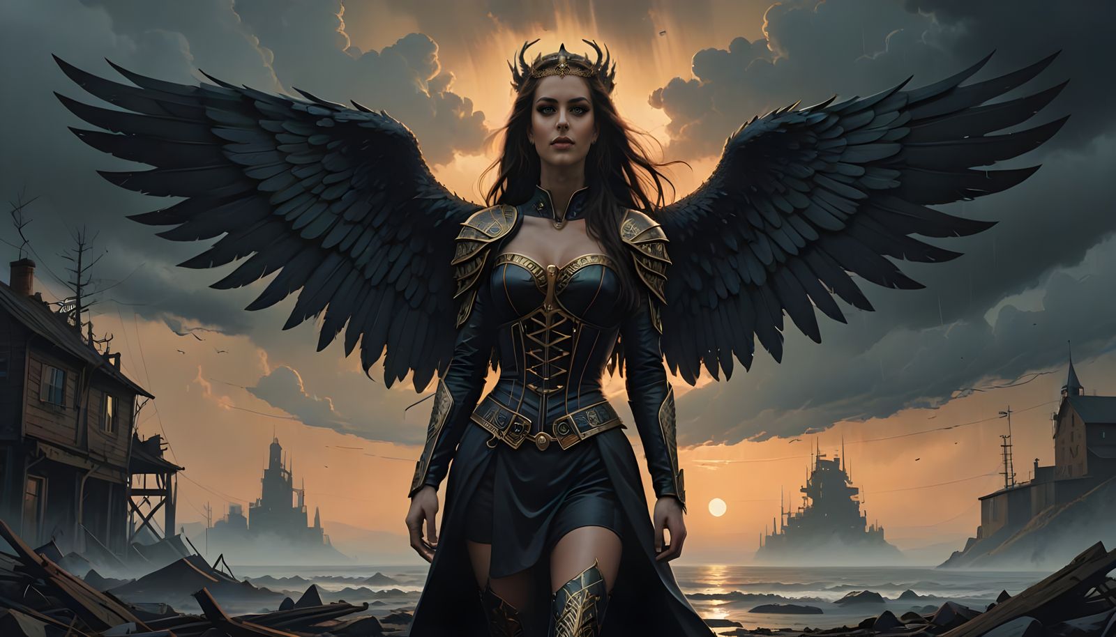 Angelica in Ebony Skies: Sultry Gothic Goddess with Wings