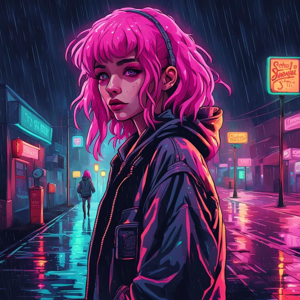 Pink-Haired Girl in Rainy Synthwave Street