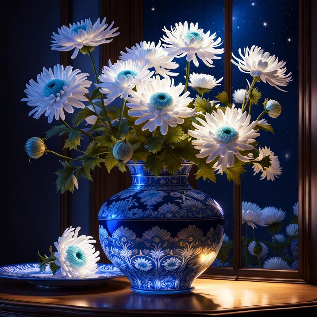 Art Nouveau Chrysanthemums Under Starry Sky