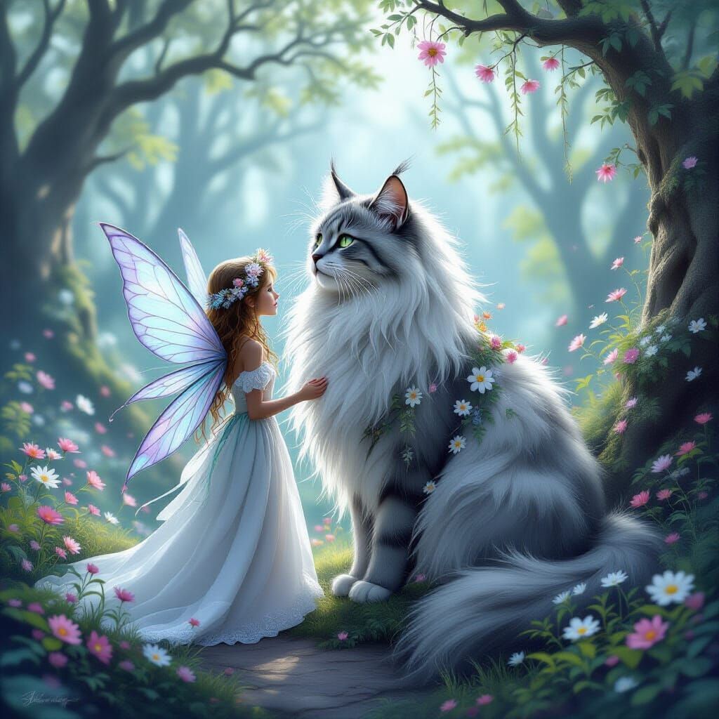 Fairy and Majestic Cat in Ethereal Forest