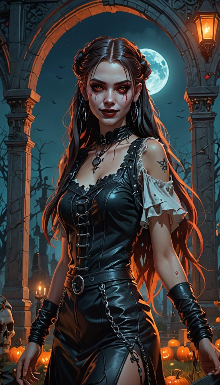 Gothic Vampire Girl in Cemetery, Art Nouveau Style