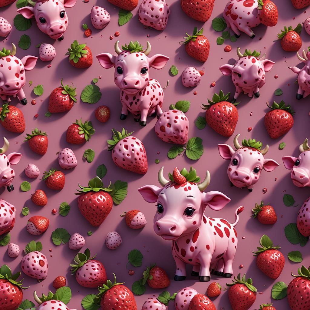 Pink Strawberry Cow Baby Cartoon: Detailed Matte Painting