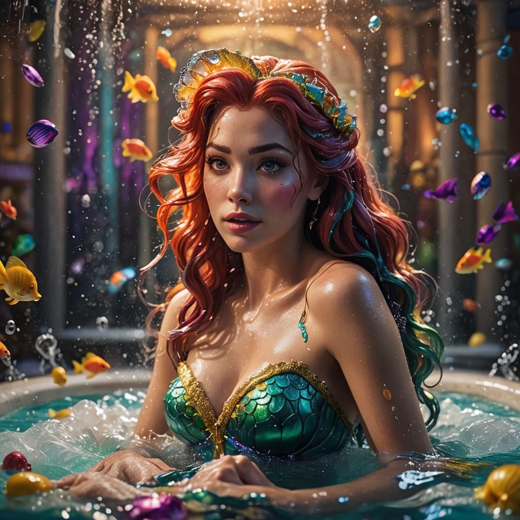 Hyperrealistic Ariel Mermaid in Bath, Splash Art
