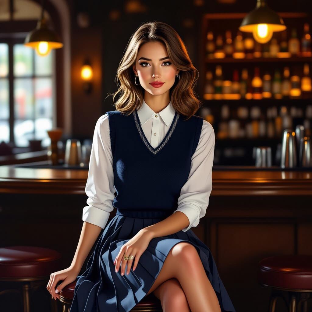 Preppy Woman Enjoys Drink in Stylish Bar