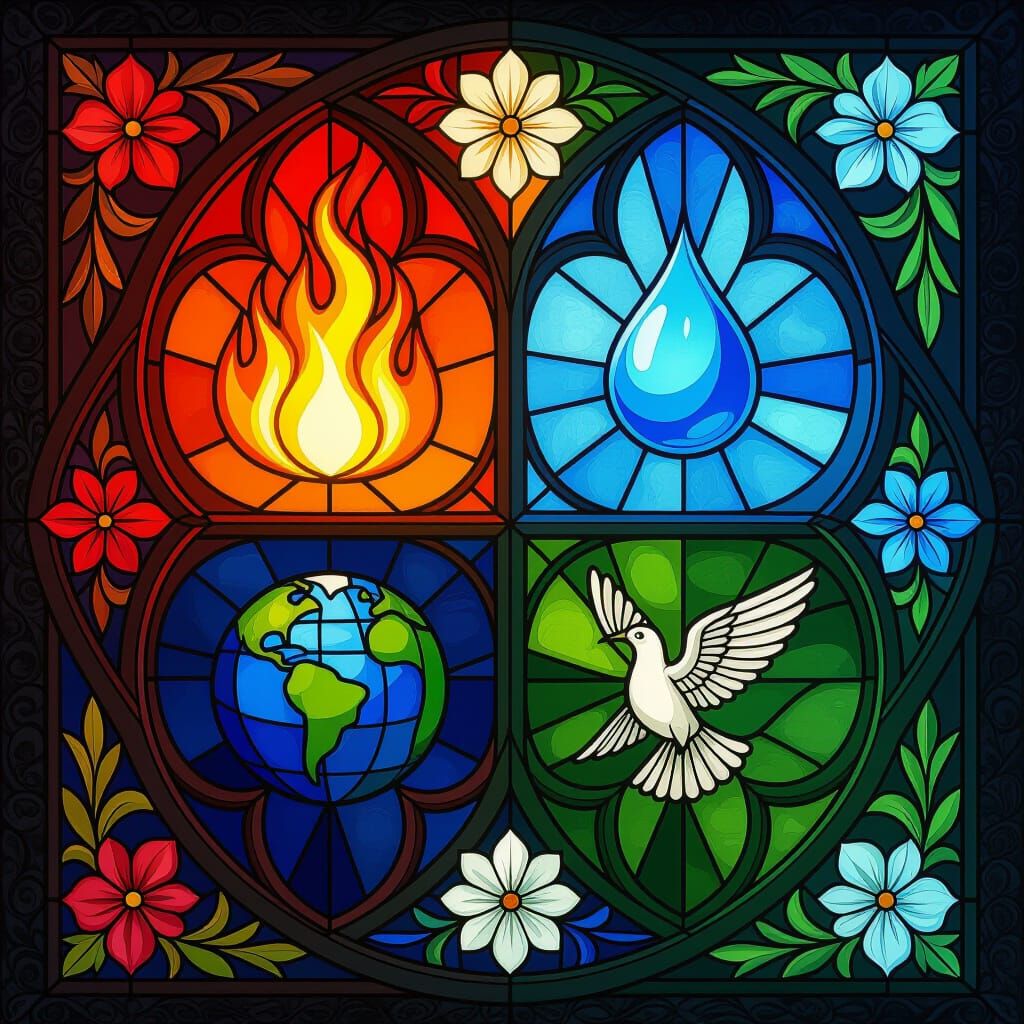 Medieval Fantasy Stained Glass Window of the Four Elements