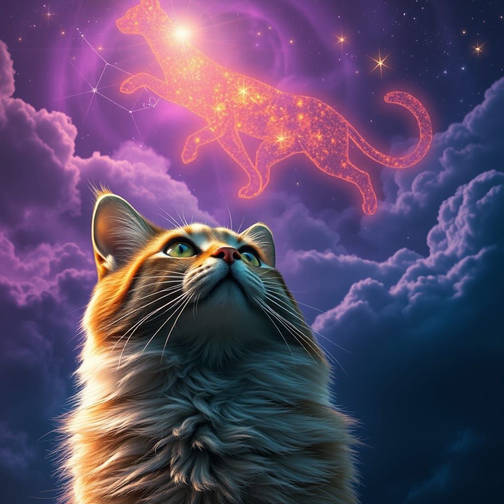 Regal Cat Contemplates Majestic Feline Constellation