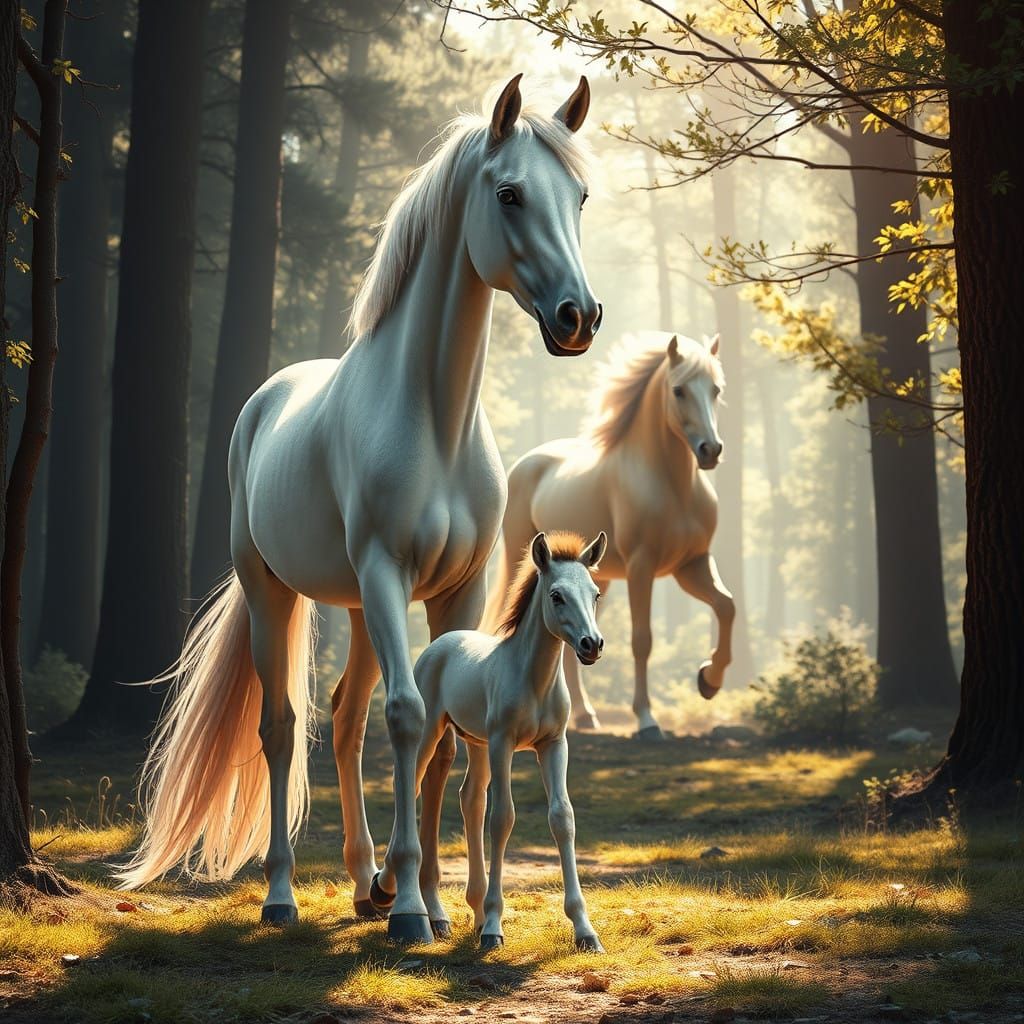 Elegant Mare and Foal in Enchanted Forest