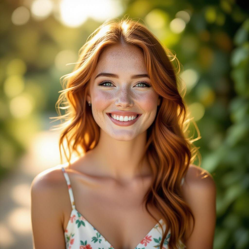 Freckled Woman Laughing in Sunlit Garden Portrait