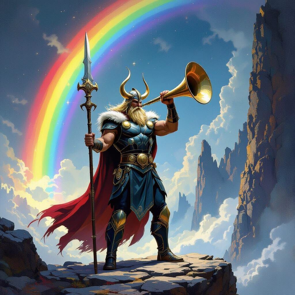 Heimdall Guardian of Bifrost with Gjallarhorn and Sword