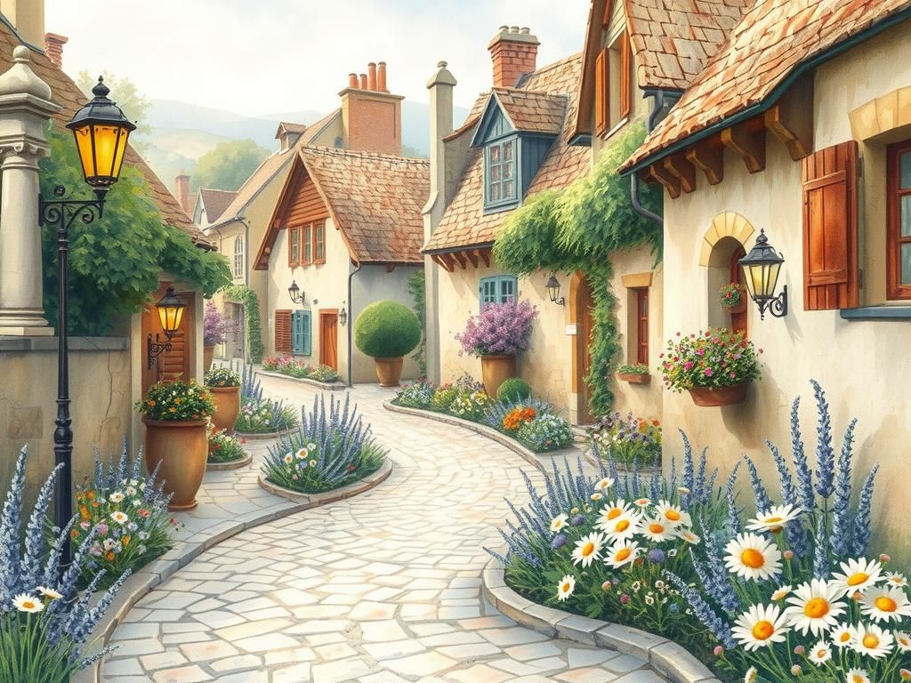 Picturesque Village in Watercolor Style