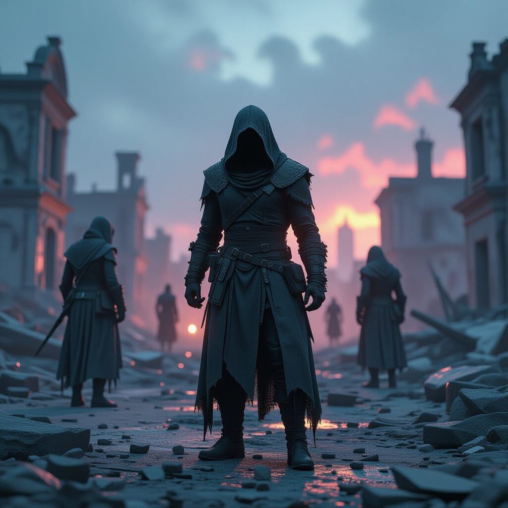 Desolate Cityscape with Weary Figures in 3D Rendering