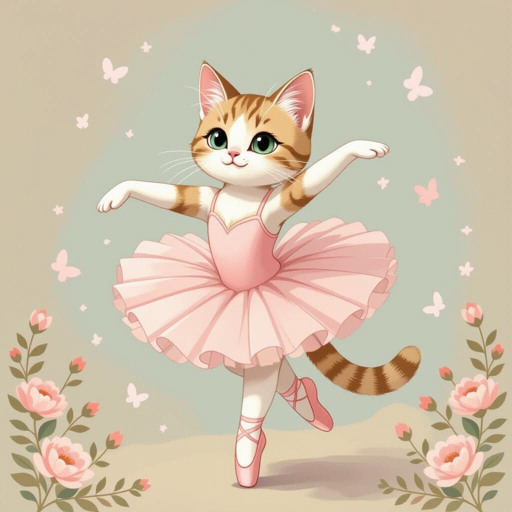 Ballerina Cat Twirling in Pastel Wonderland