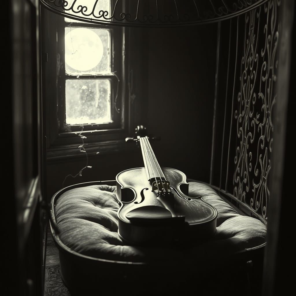 Melancholy Violin in Antique Birdcage Under Moonlight