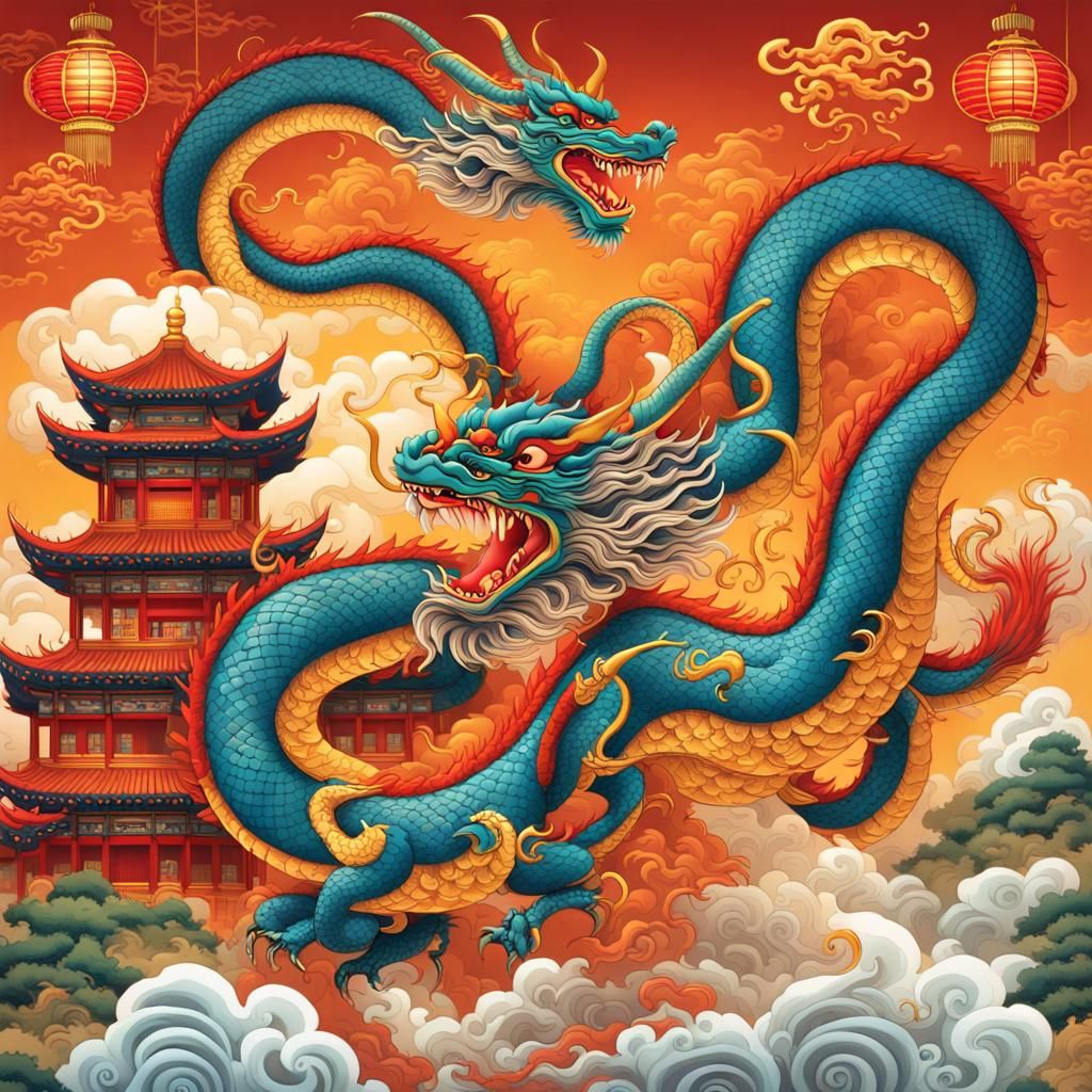 Majestic Dragons Soaring Over Chinese Landmarks