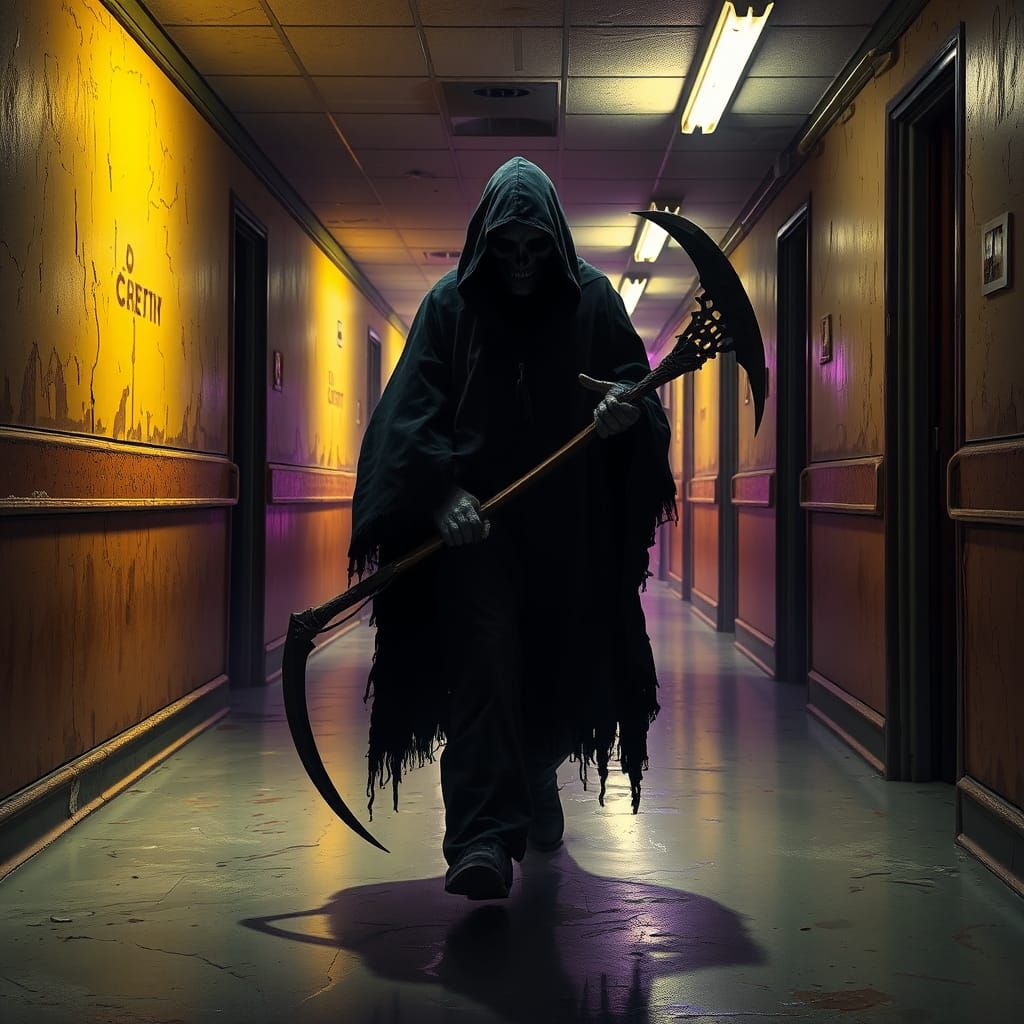 Grim Reaper in Hospital Corridor, Gothic Art Nouveau Style
