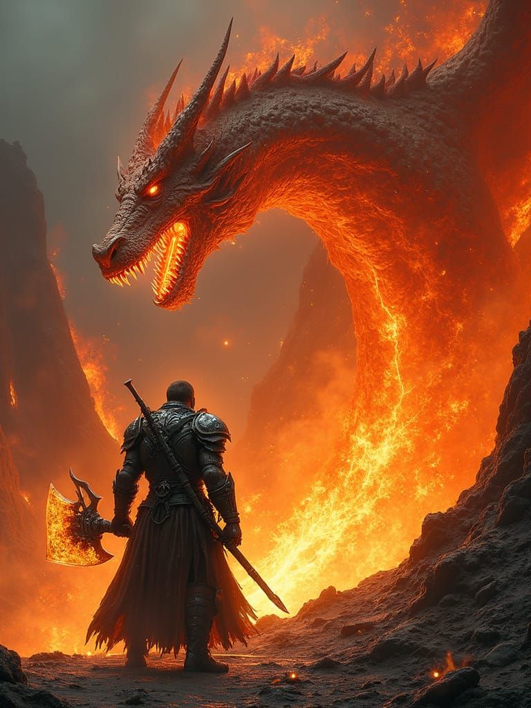 Warrior Confronts Lava Dragon within Turbulent Volcano