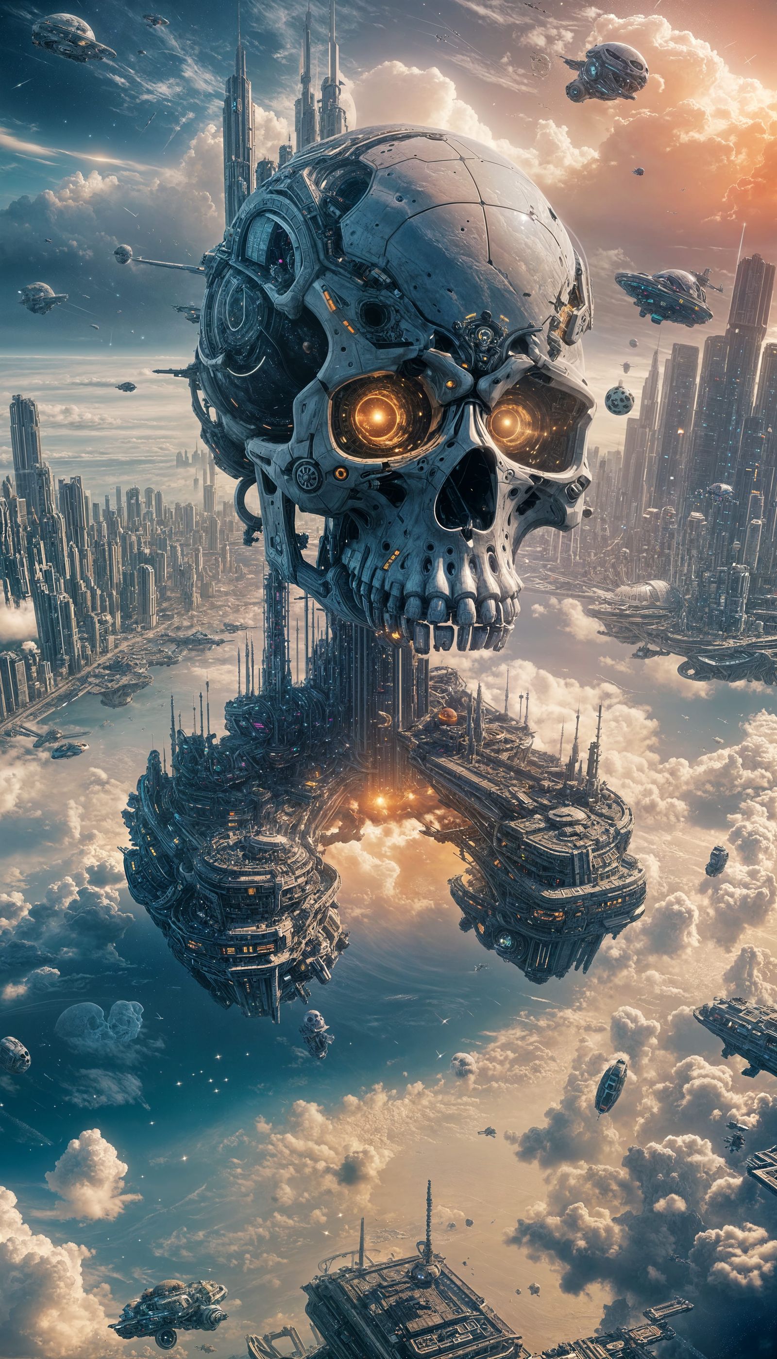 Cyberpunk Skull Space Station Overlooking Coastal City