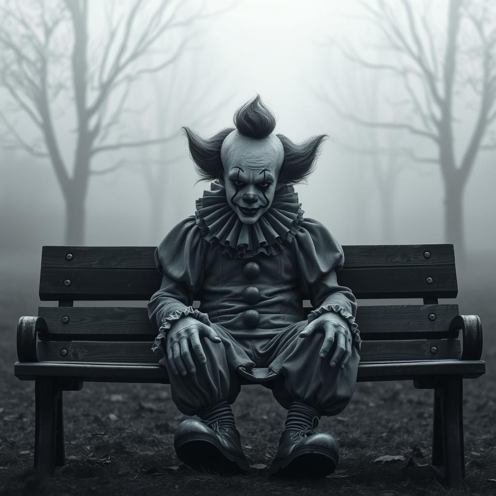 Grayscale Clown in Morning Mist: Hyperdetailed 8k Depiction