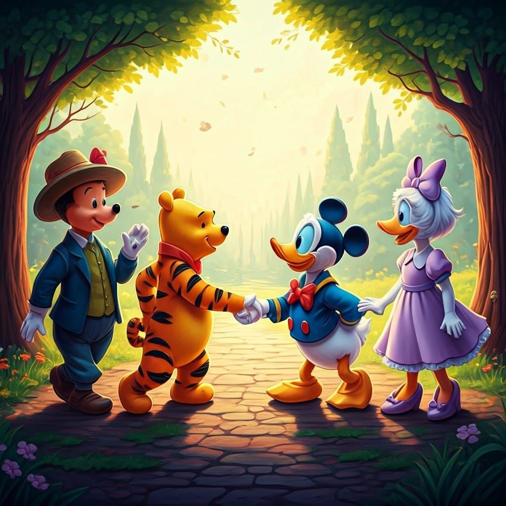 Disney Characters Shake Hands in Whimsical Origami Style
