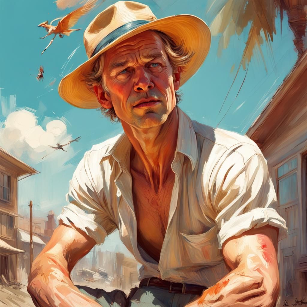 Actor Guy Pierce on a sunny day by Gil Elvgren, Alex Ross and and CGSociety and Carne Griffiths and Pixar, Lou Xaz"