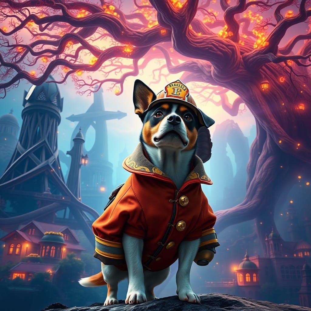 Heroic Dog in Firefighter Gear Stands Tall in Vibrant Dream ...