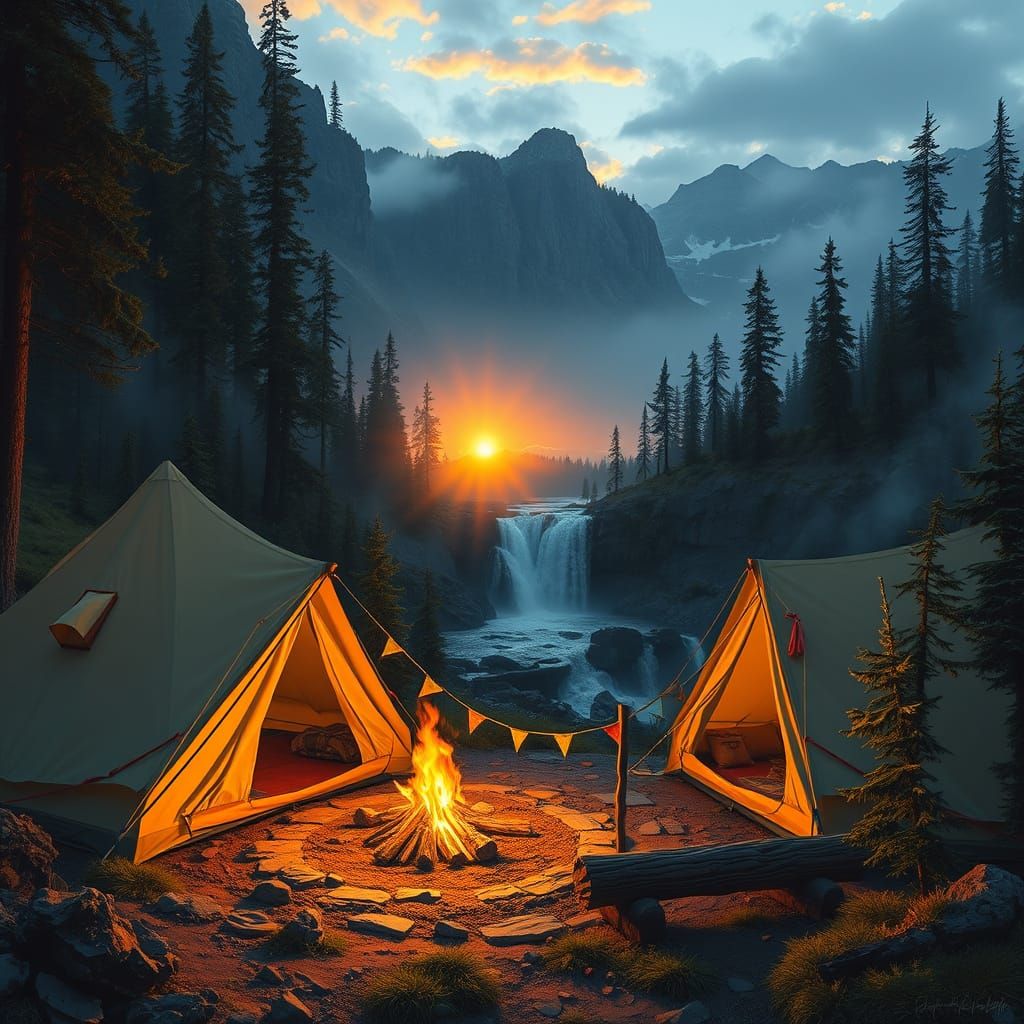 Campsite at Sunrise Near Waterfall in Classical Style