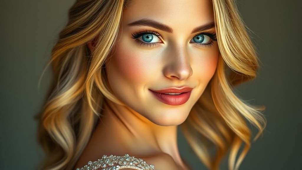 Ravishing Woman with Luminous Skin and Flowing Golden Hair