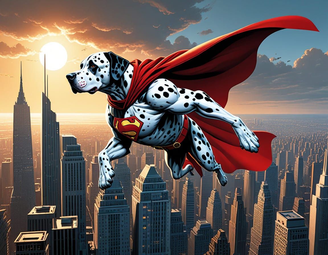 Cyberpunk-Style Superhero Dalmatian Soars Over City Skyscrap...