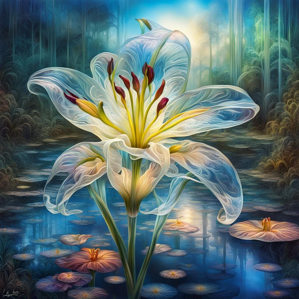 Majestic Transparent Glass Lily Dreamscape in Digital Painti...