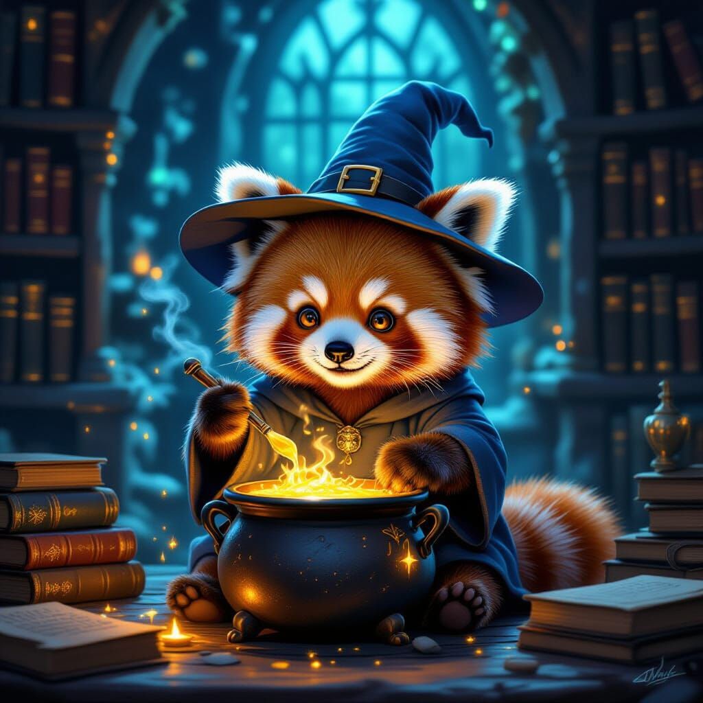 Fluffy Red Panda Wizard Stirring Potion in Enchanted Library