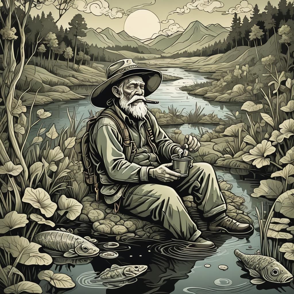 Hillbilly Fishing in Swamp with Zentangle Elements