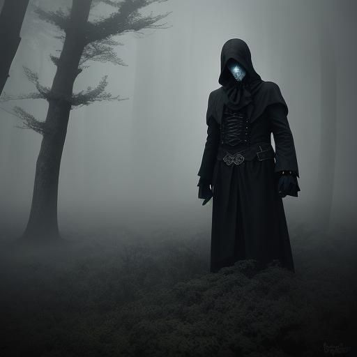 Vampire in Foggy Forest with Skull, Gothic Style